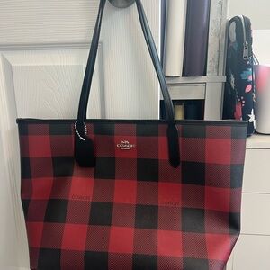 Coach Buffalo Plaid Red and Black Tote